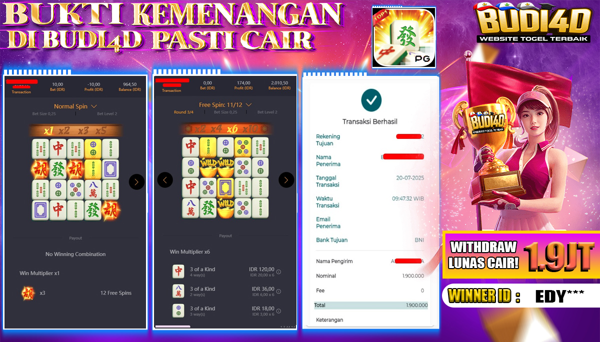 BUDI4D JACKPOT USERID: EDY**** SLOT PGSOFT MAHJONG WAYS Rp.1.900.000,- LUNAS